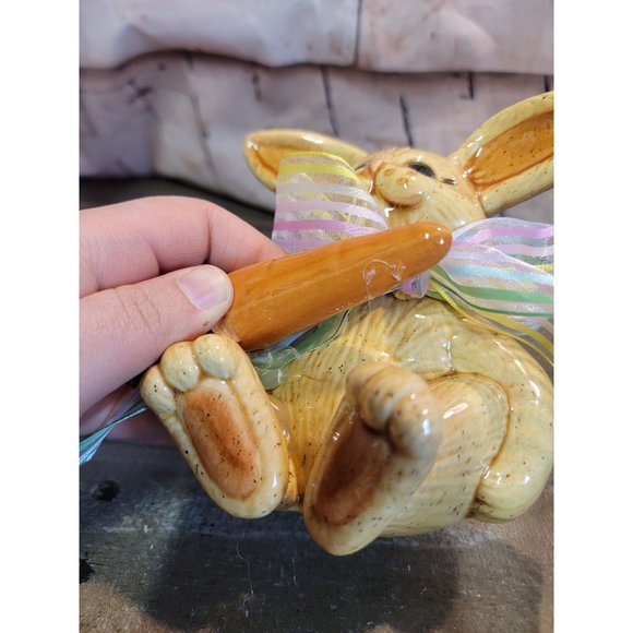 Ceramic brown easter bunny AS IS rabbit carrot bow decor figure - Picture 3 of 9